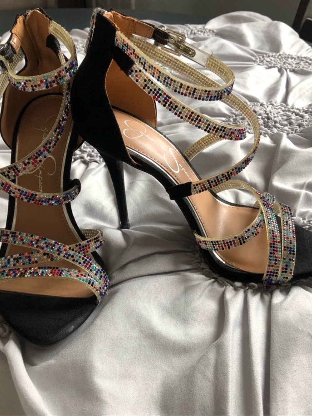 Jessica Simpson Black Strappy Heels with Multicolor Crystal Straps
